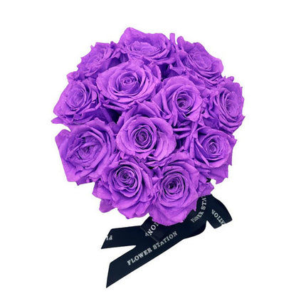 Infinity Purple Roses in a Black Hat Box