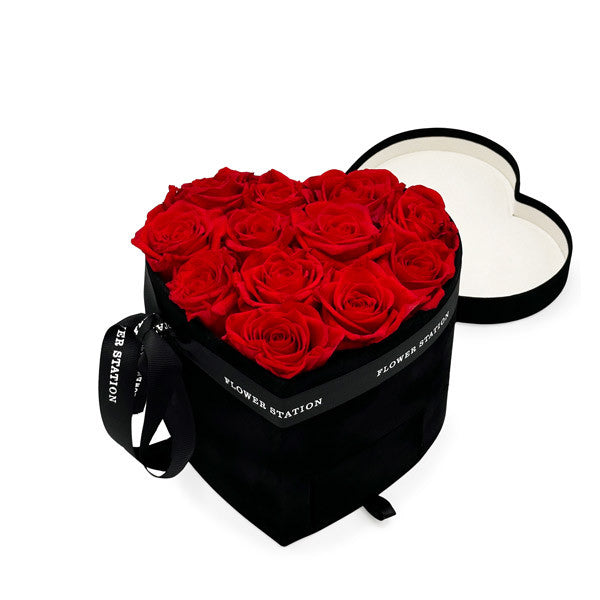 Infinity Red Roses in Velvet Heart Hat Box