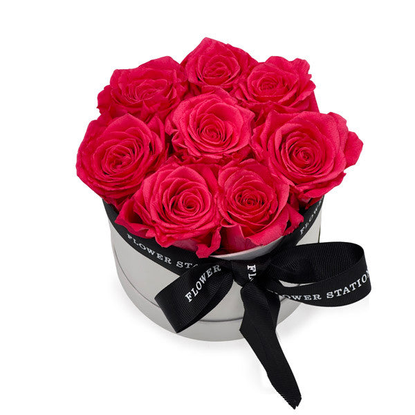 Infinity Cerise Roses in a White Hat Box