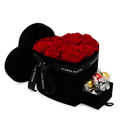 Infinity Red Roses in Velvet Heart Hat Box