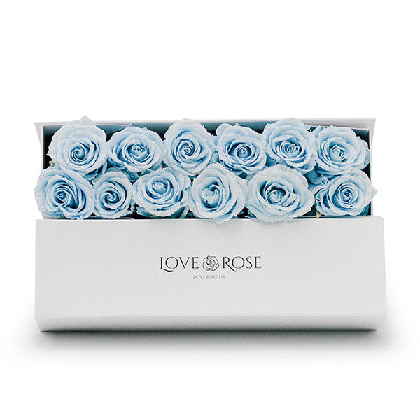 Infinity Blue Roses in a White Box