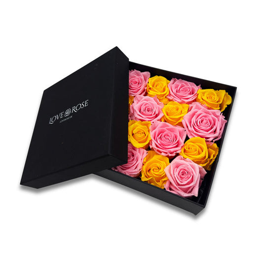 Infinity Pink and Yellow Roses in a Black Box