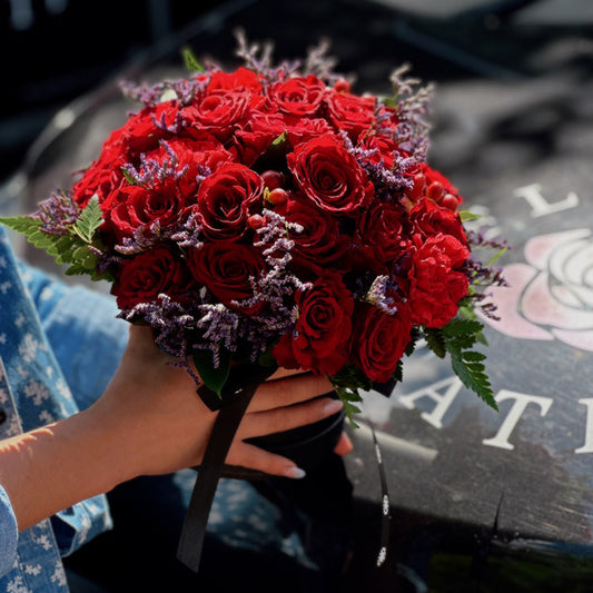 Scarlet Elegance in Black Hat Box