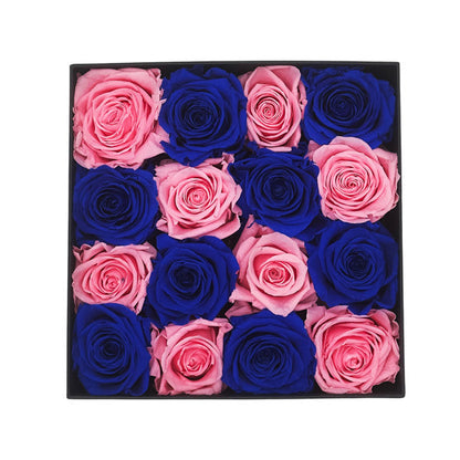 Preserved Blue and Pink Roses in a Black Box