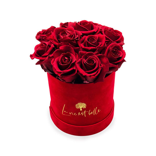 Infinity Red Roses in a Velvet Red Hat Box