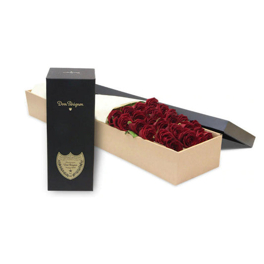 A box of luxury Ecuadorian long-stemmed roses with a bottle of Dom Pérignon