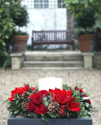 Classic Christmas table centerpiece with a large candle